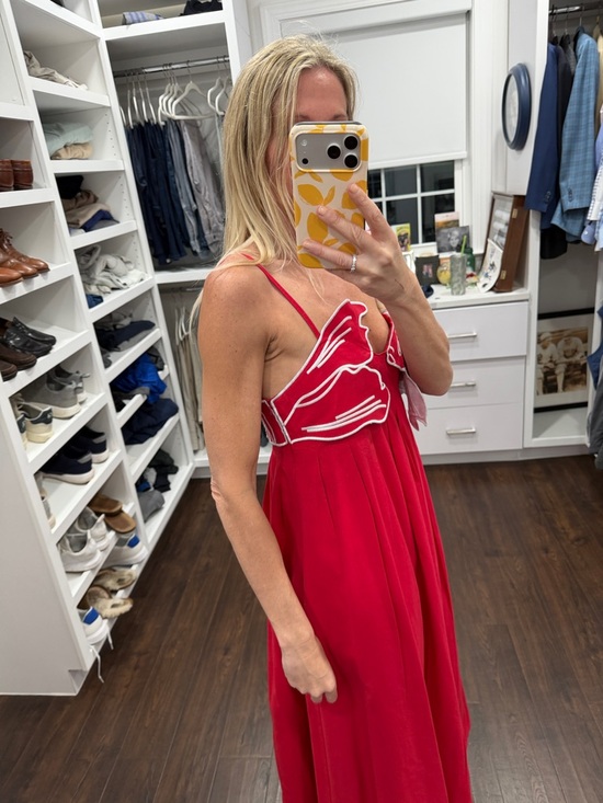 Amazon Red Maxi Dress with Fish Appliqué Accents S - Picture 3 of 4